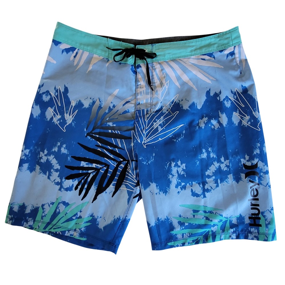 Hurley Board Shorts Mens 34 Blue Tie Dye Tropical Palm Leaf Swim Trunks Surf‎